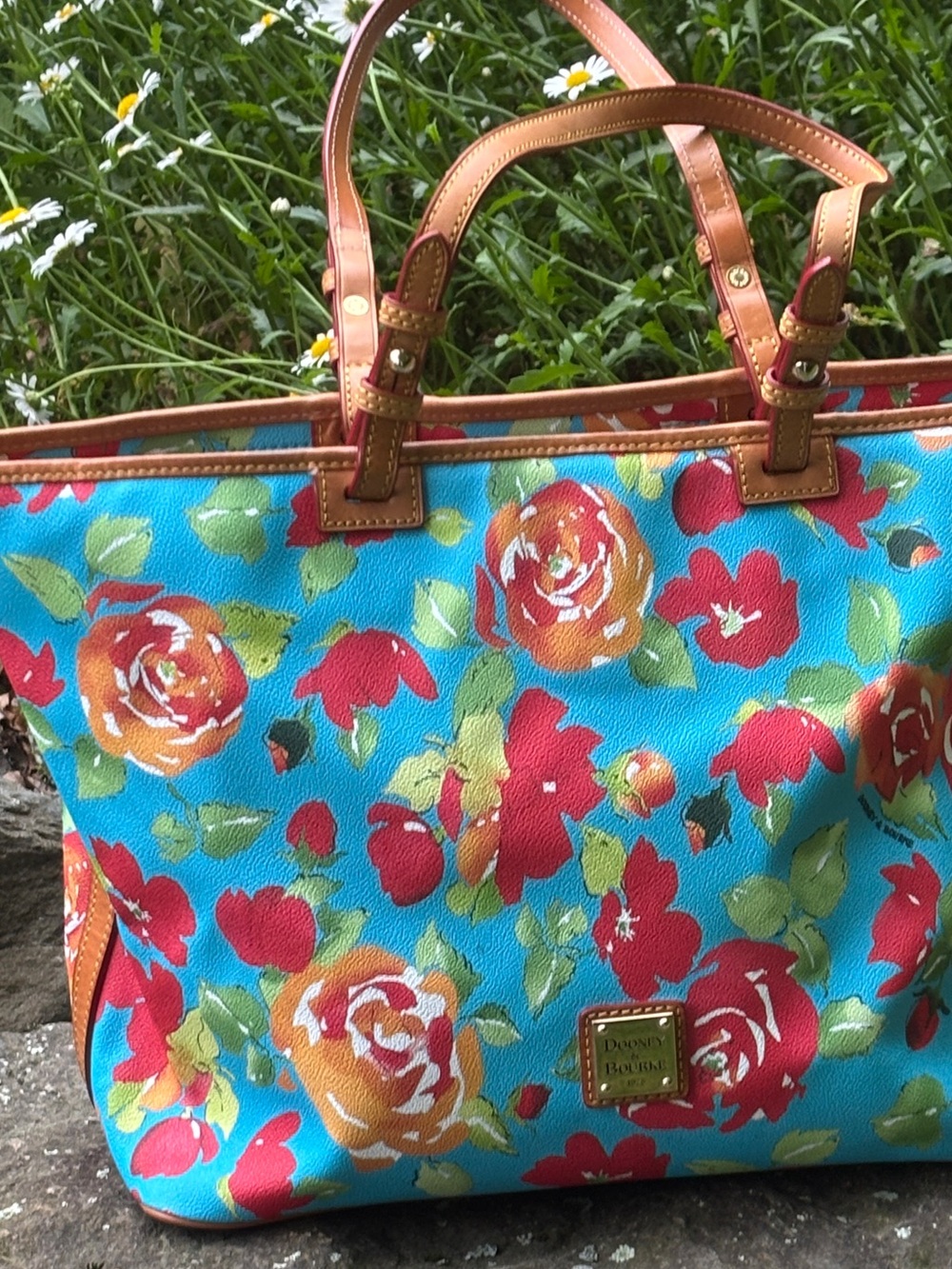 Dooney & Bourke Floral Coated Canvas Tote Leather Trim Floral Print.
